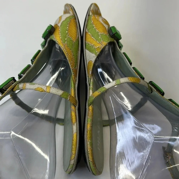 Prada T-Strap Open Toe Sandals Jacquard Floral Fabric Brocade Green Size 38 8 - Picture 6 of 10